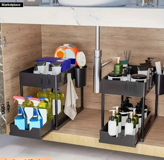 Under Sliding Cabinet Basket Organizer, 2 Tier Under Sink Organizers Black Under Sink Storage