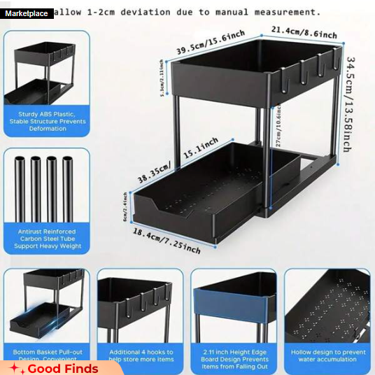 Under Sliding Cabinet Basket Organizer, 2 Tier Under Sink Organizers Black Under Sink Storage